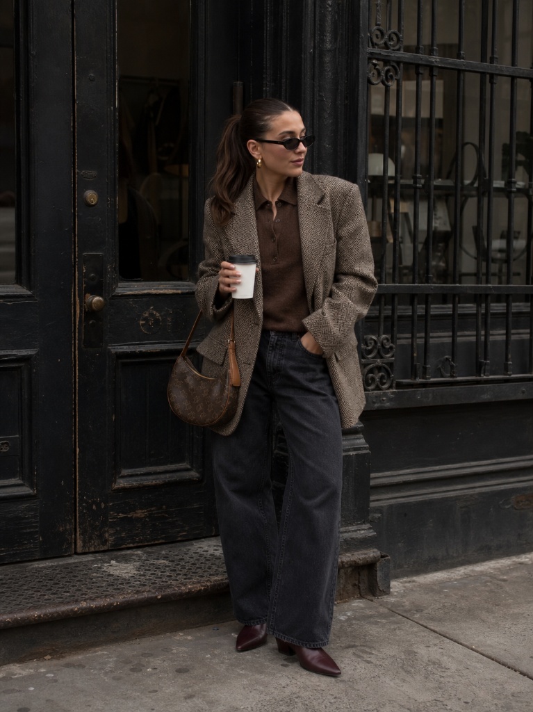 Brown herringbone blazer with chocolate polo shirt and dark wide-leg jeans