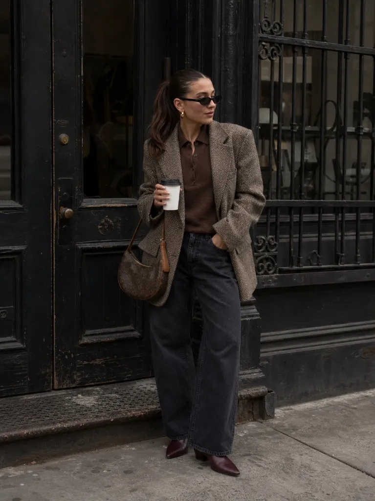 Brown herringbone blazer with chocolate polo shirt and dark wide-leg jeans