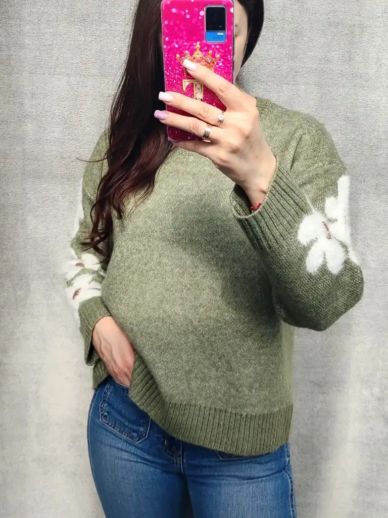 Olive green sweater with white floral elbow patches