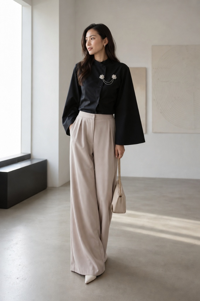Black bell-sleeve blouse with decorative chain brooch and taupe wide-leg trousers