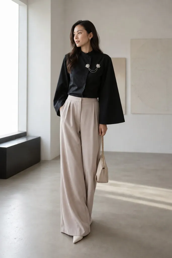 Black bell-sleeve blouse with decorative chain brooch and taupe wide-leg trousers