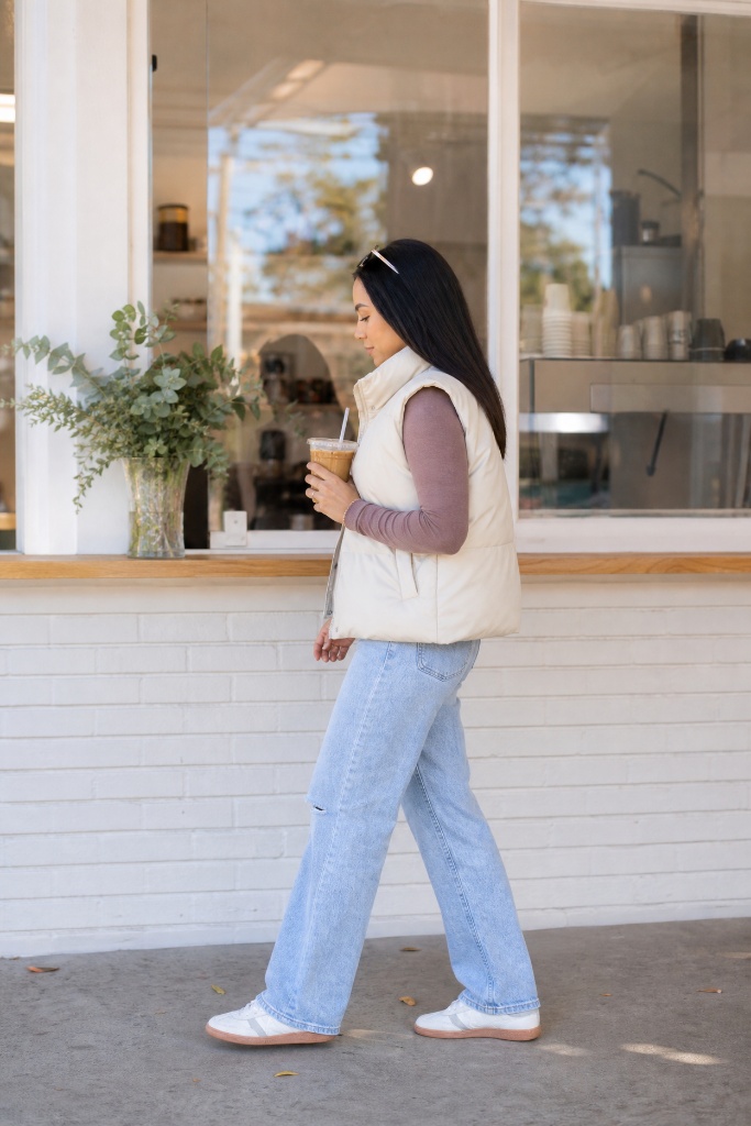 Cream puffer vest with brown long sleeve top, light jeans and white sneakers