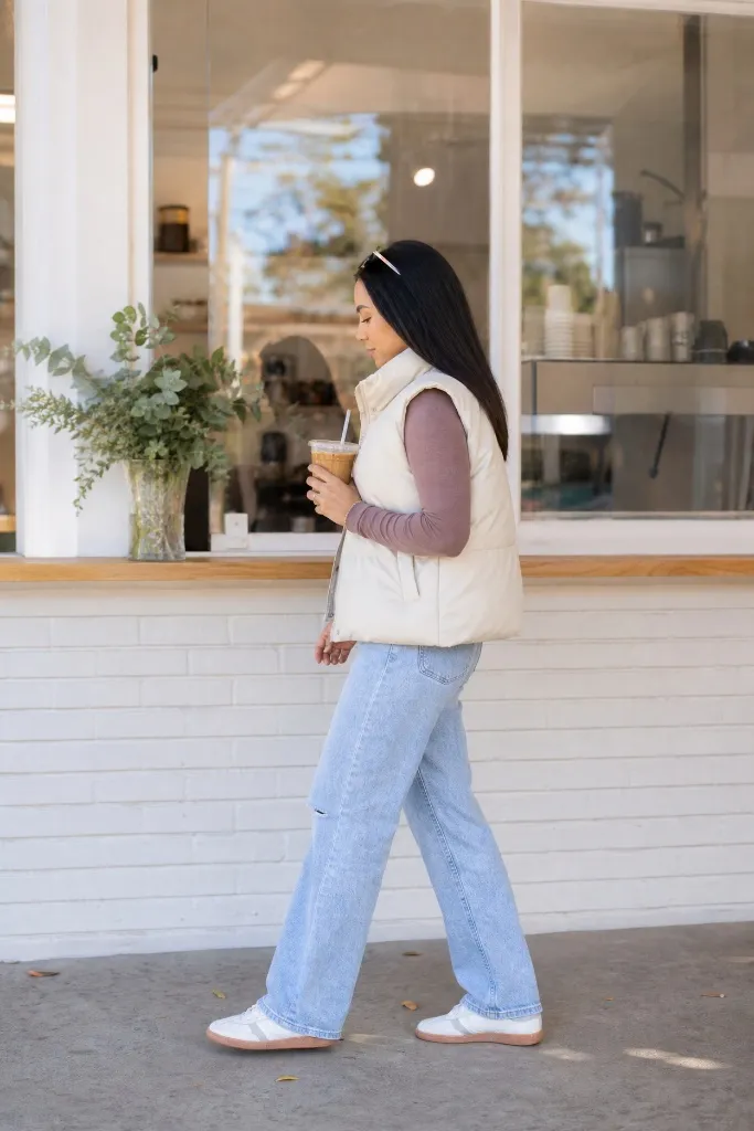 Cream puffer vest with brown long sleeve top, light jeans and white sneakers