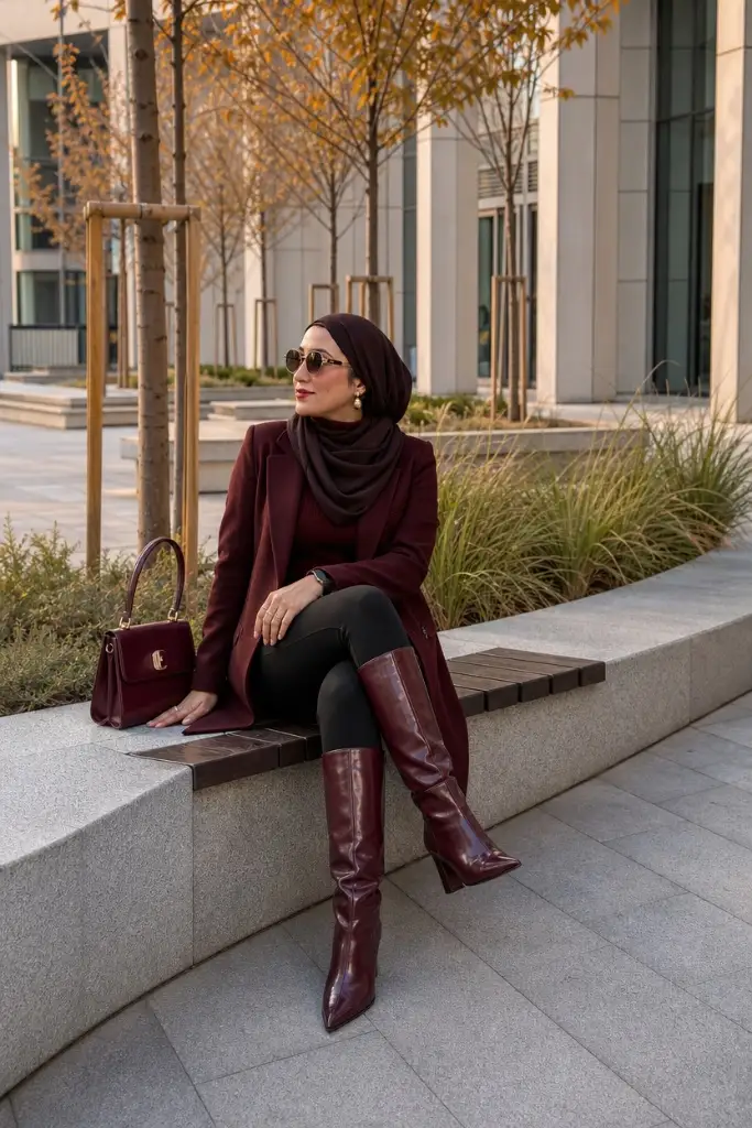 Burgundy coat and hijab with black leggings and burgundy knee-high boots