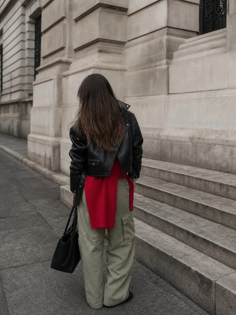 Black leather biker jacket with red knit sweater and olive cargo pants from behind