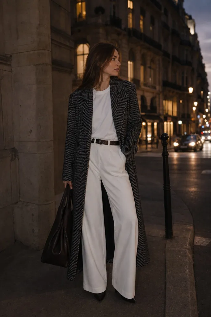 Herringbone coat with white wide-leg trousers in Paris