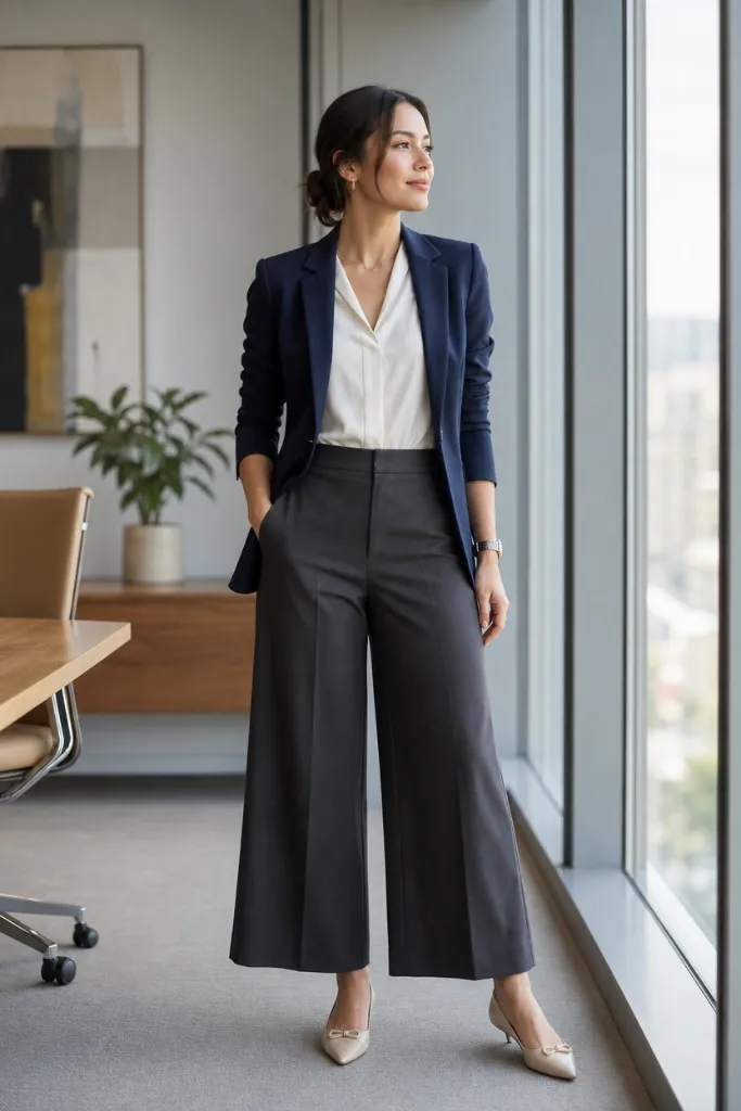 Navy blazer with white blouse and charcoal wide-leg cropped trousers