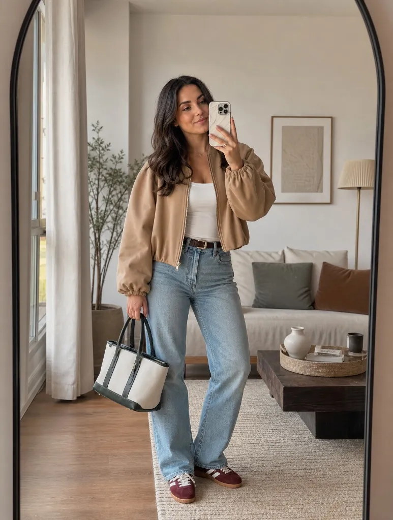 Tan bomber jacket over white tank with light wash flared jeans, burgundy sneakers, and canvas tote in mirror selfie