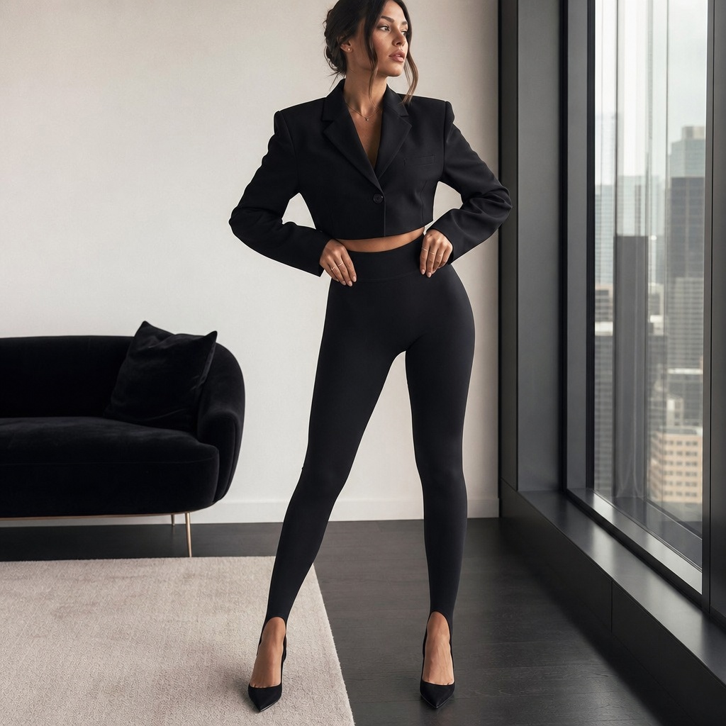 Cropped black blazer with high-waisted black stirrup leggings and heels