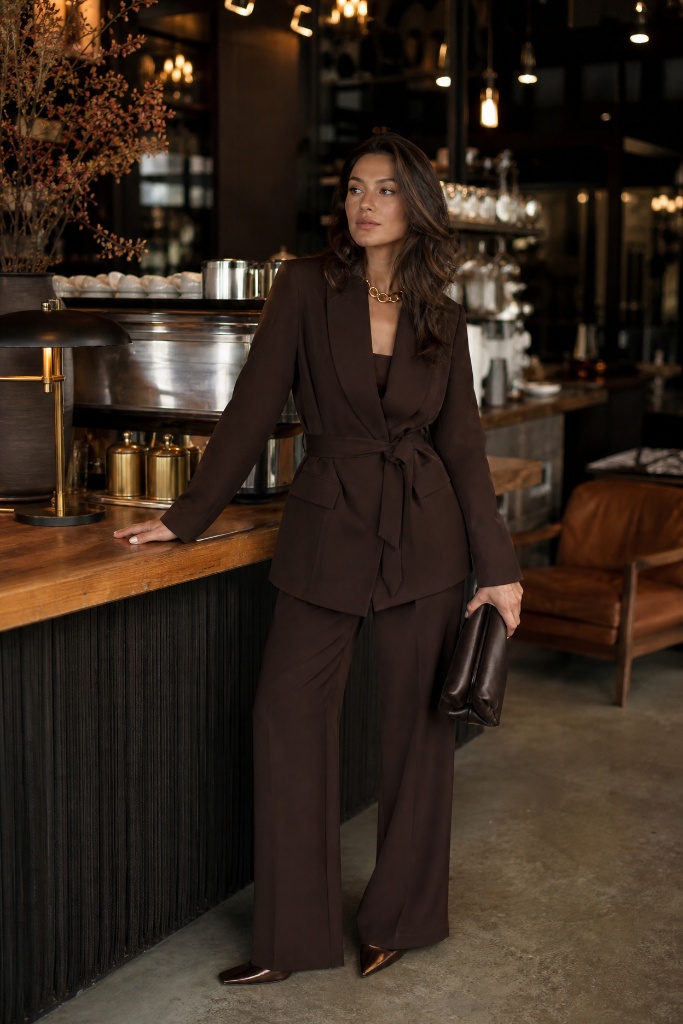 Chocolate brown belted blazer with wide-leg trousers and a brown leather clutch