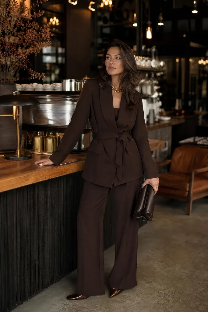 Chocolate brown belted blazer with wide-leg trousers and a brown leather clutch