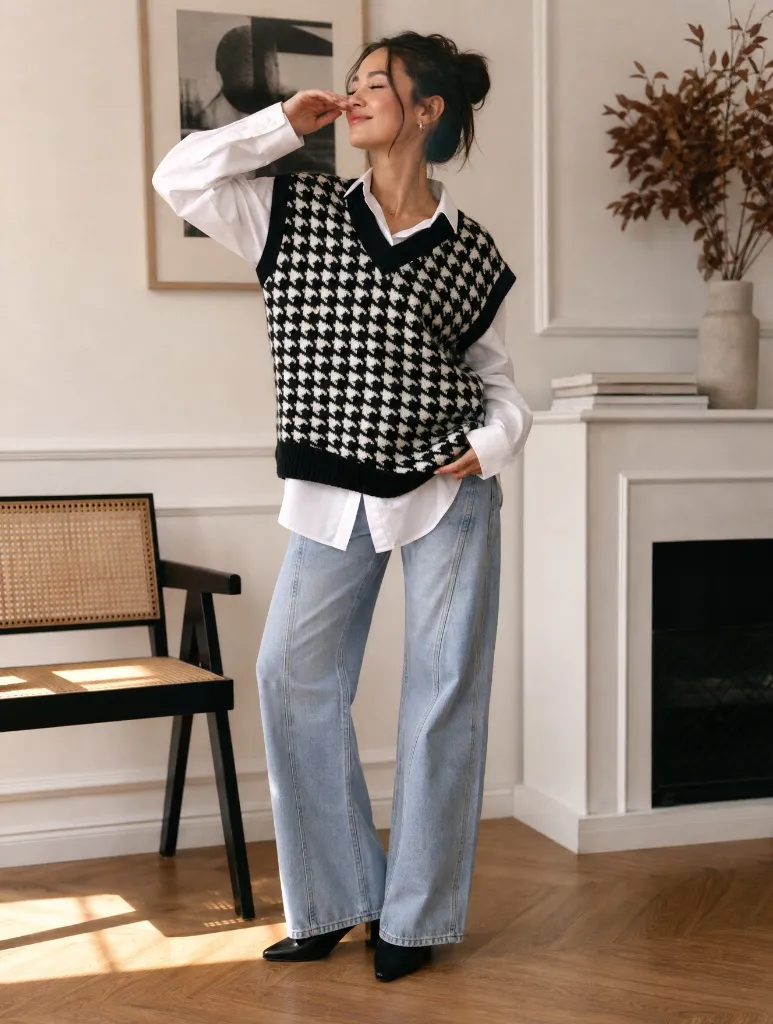 Black and white houndstooth vest over white shirt with light jeans