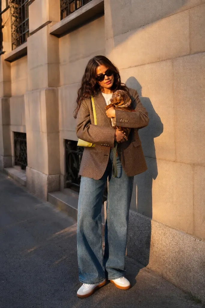 Brown tweed blazer with baggy jeans and white sneakers