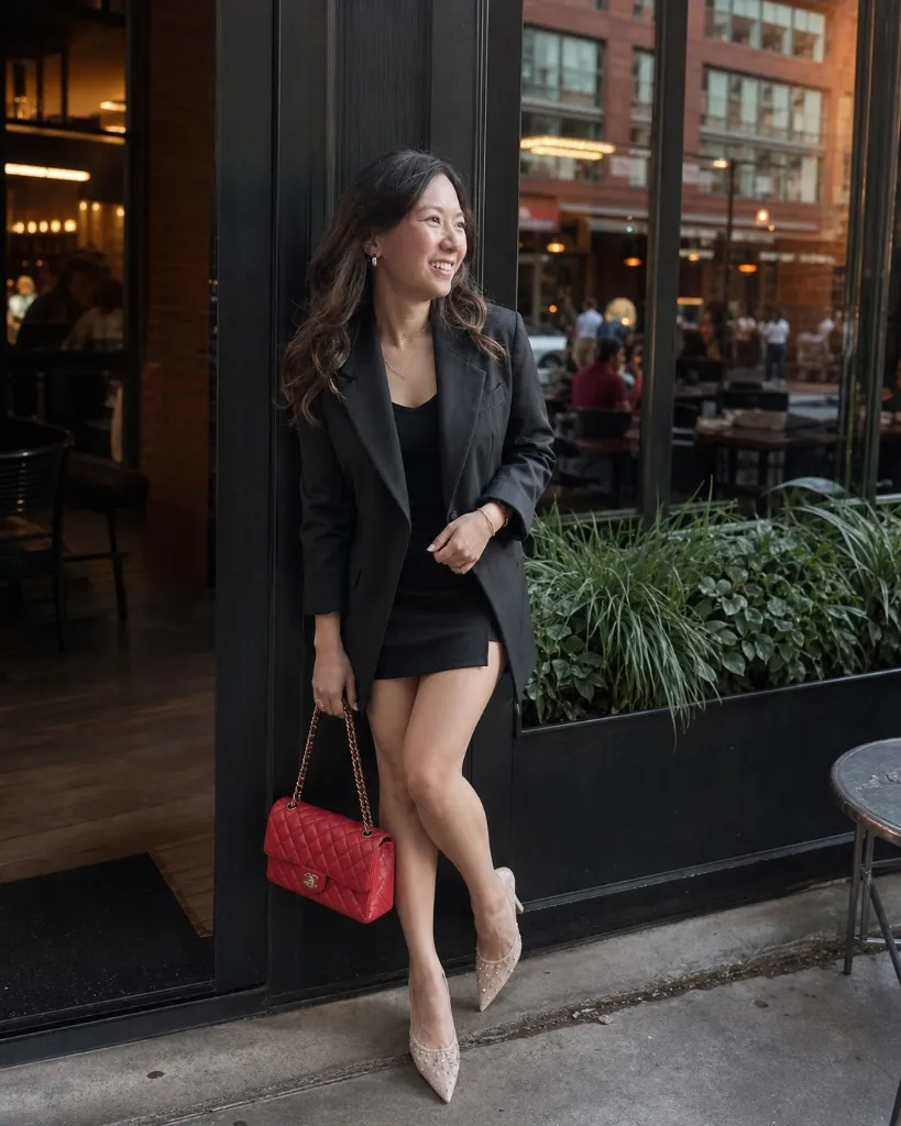 Black blazer over mini dress with red Chanel bag