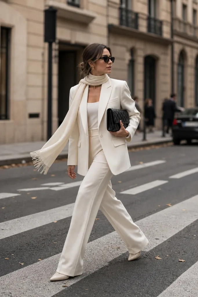 All-cream blazer suit with scarf crossing a Parisian street