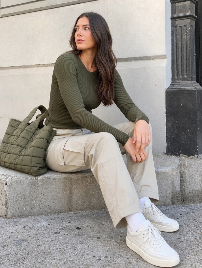 Olive green ribbed long-sleeve top with cream cargo pants and white sneakers