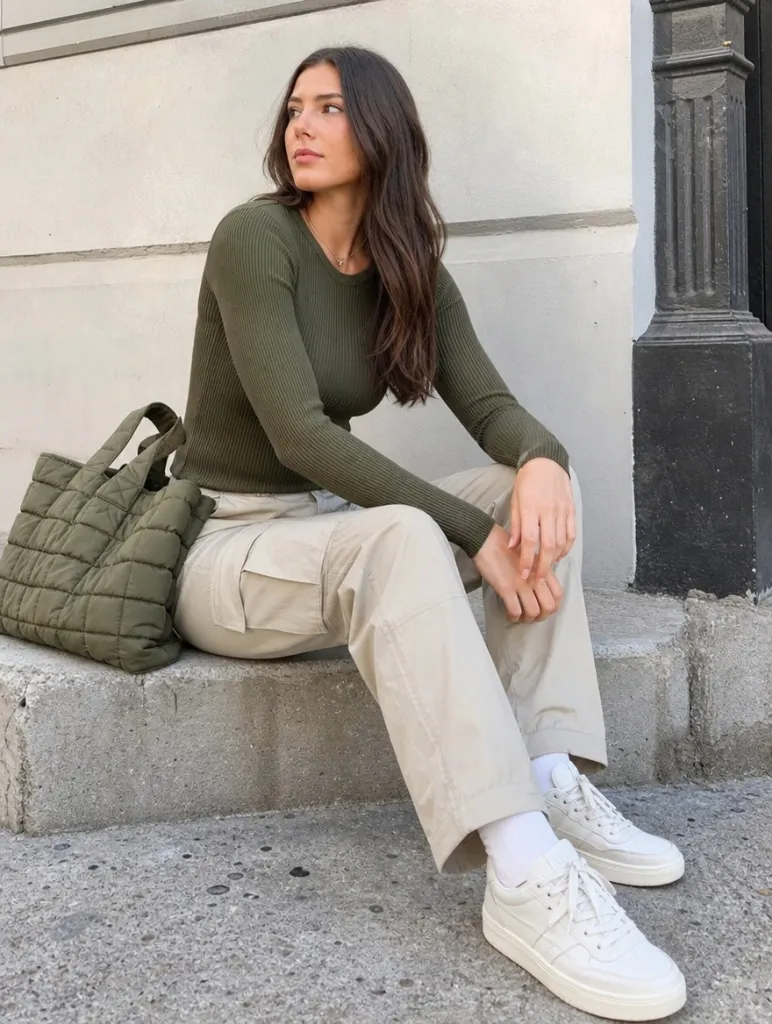 Olive green ribbed long-sleeve top with cream cargo pants and white sneakers