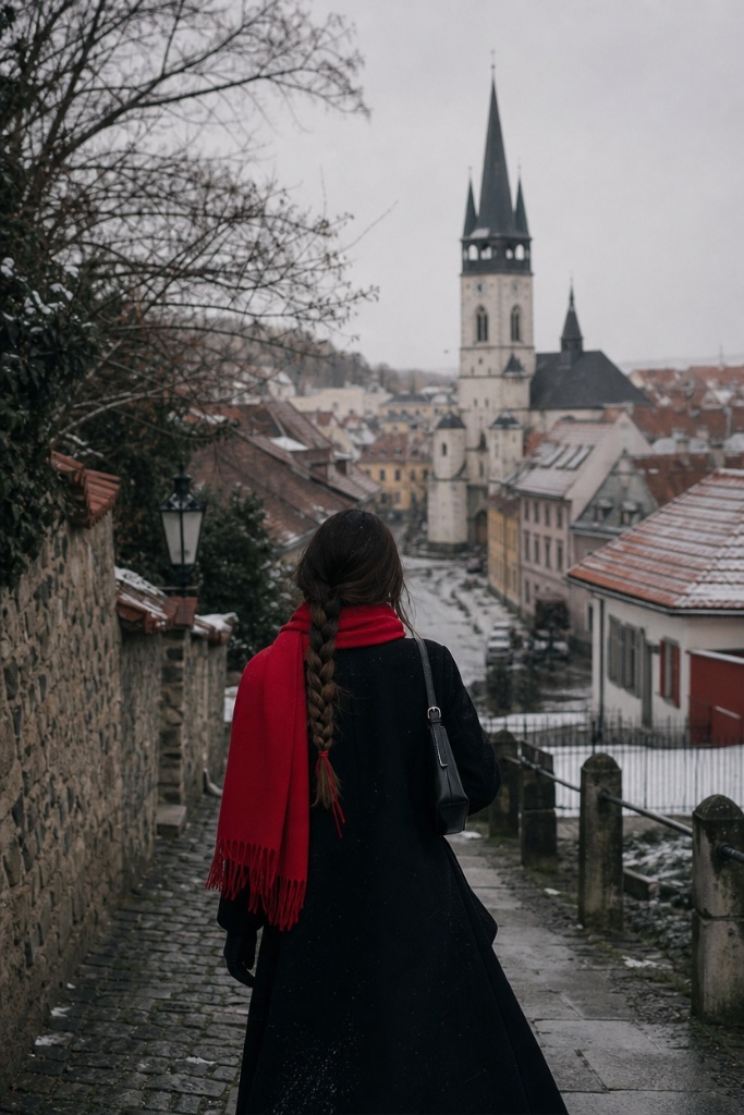 Black coat with red scarf in European old town