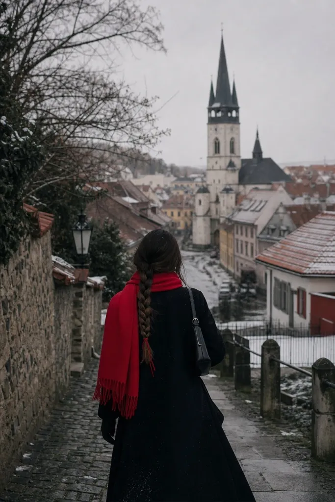 Black coat with red scarf in European old town