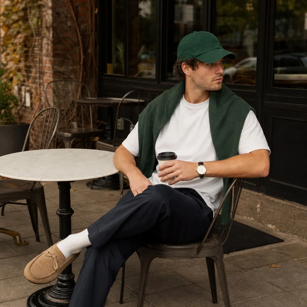 Casual preppy men's fall outfit with green sweater draped over shoulders, white tee, and navy trousers