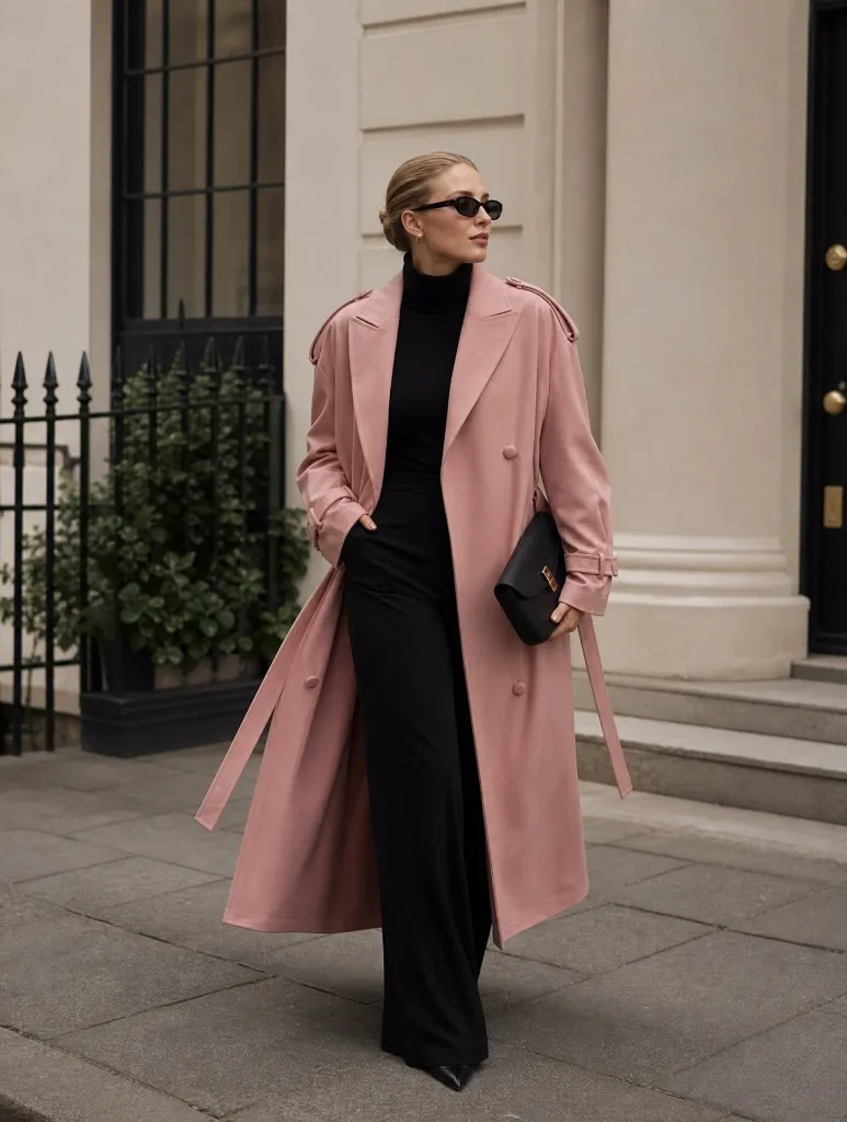 Woman in dusty pink trench coat over all-black outfit with pointed boots