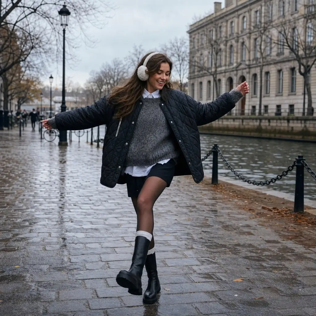 Quilted jacket with sweater, mini skirt, and rain boots