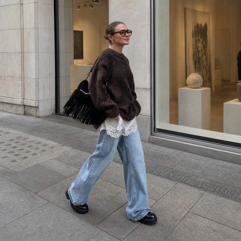 Brown mohair sweater with lace hem and light baggy jeans