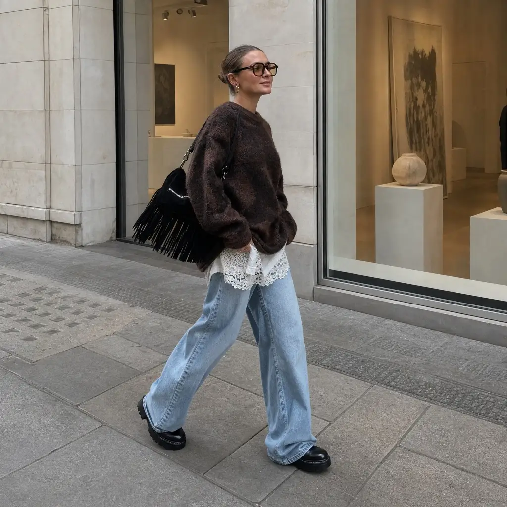 Brown mohair sweater with lace hem and light baggy jeans