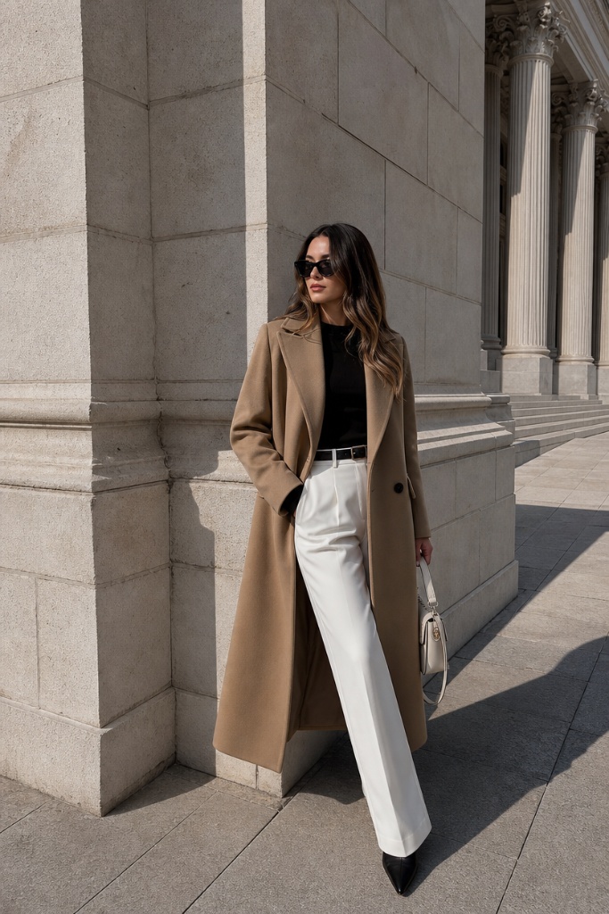 Camel coat with white trousers and black accessories