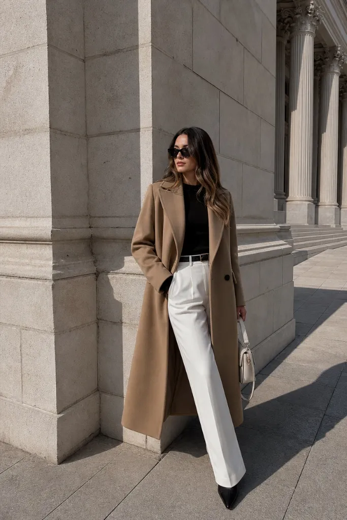 Camel coat with white trousers and black accessories