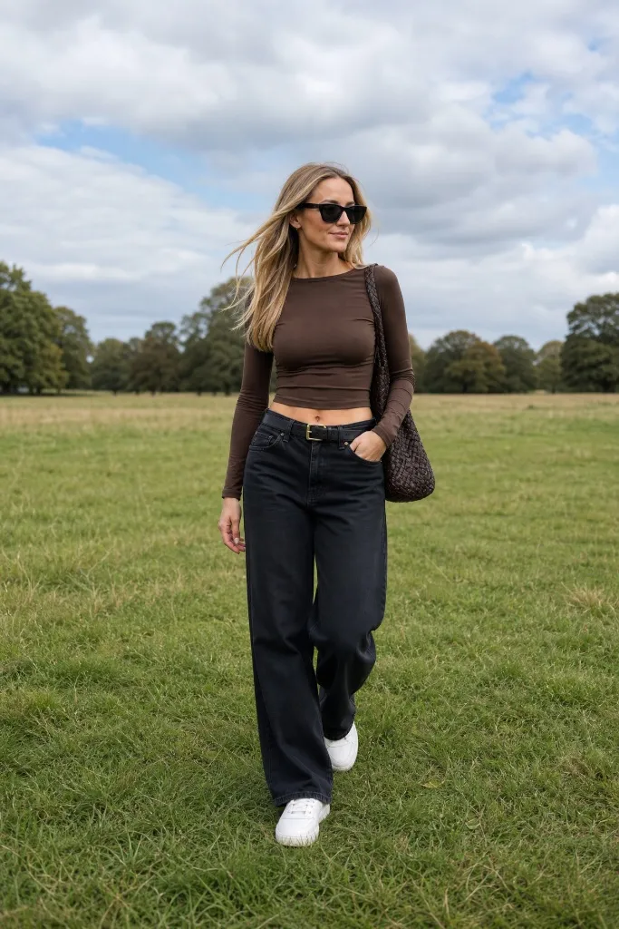 Brown fitted long sleeve top with black wide jeans and white sneakers