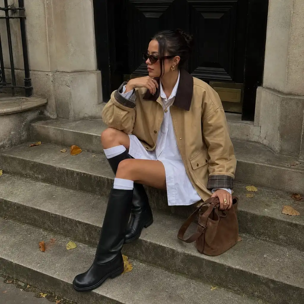 Woman seated on steps in tan barn jacket over white shirtdress, knee socks and tall black boots
