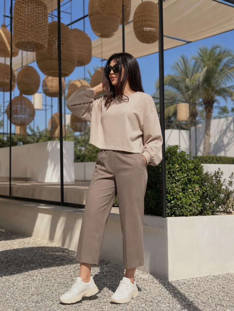 Beige cropped sweater with taupe straight-leg trousers and white chunky sneakers