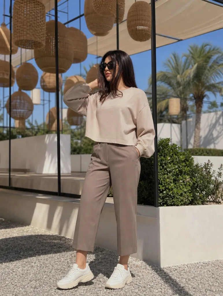 Beige cropped sweater with taupe straight-leg trousers and white chunky sneakers