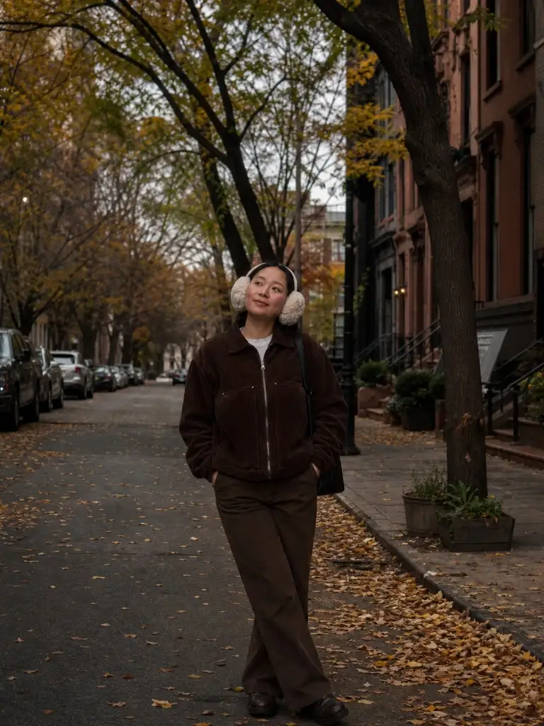 Brown corduroy jacket and pants with earmuffs