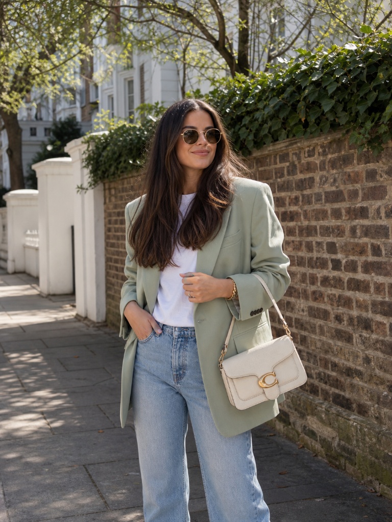 Sage green oversized blazer with white tee, light-wash jeans, and cream Coach bag