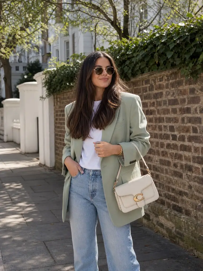 Sage green oversized blazer with white tee, light-wash jeans, and cream Coach bag