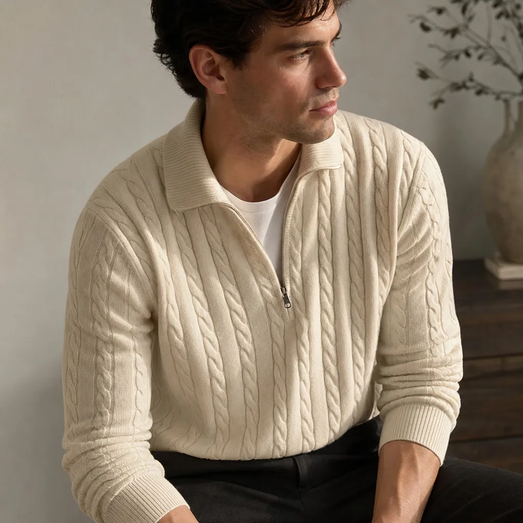 Close-up of men's cream cable-knit quarter-zip sweater over white t-shirt with dark trousers