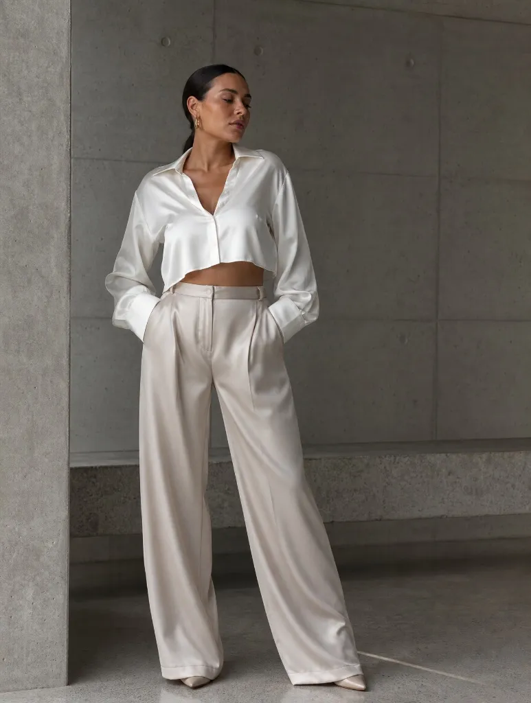 Cream satin cropped shirt with ivory wide-leg trousers
