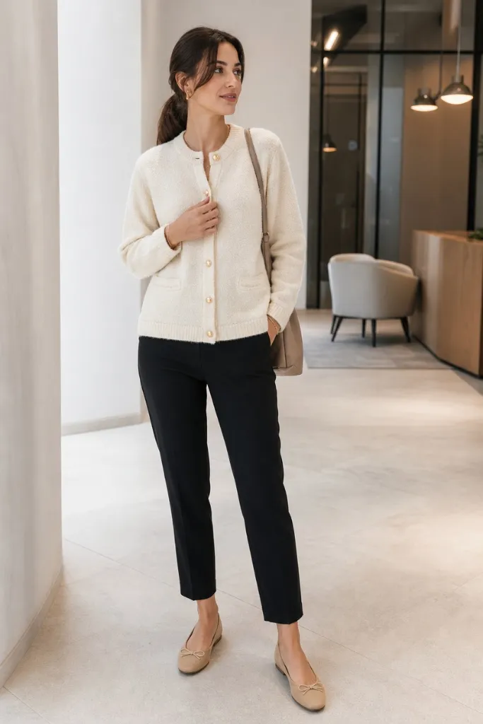 Cream button-front cardigan with black ankle trousers and nude ballet flats