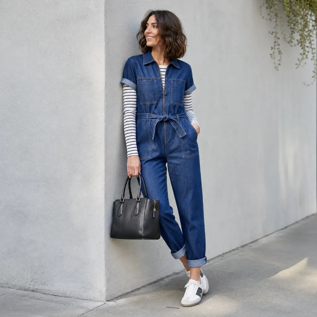 Belted denim jumpsuit over striped long-sleeve tee with white sneakers and black tote bag