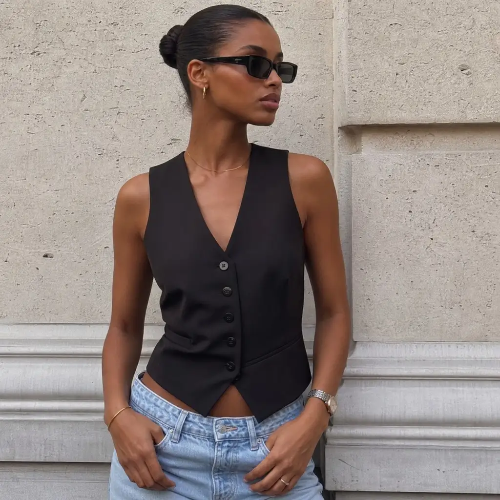 Black tailored sleeveless waistcoat with light wash jeans