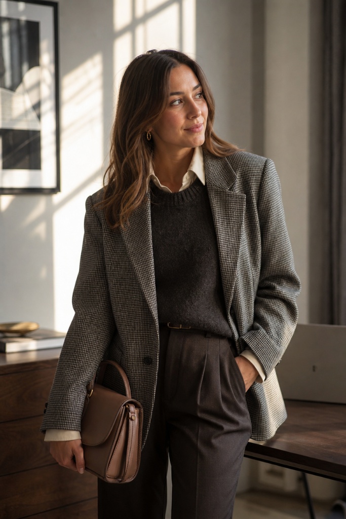 Grey houndstooth blazer over dark sweater and white collar shirt with brown bag