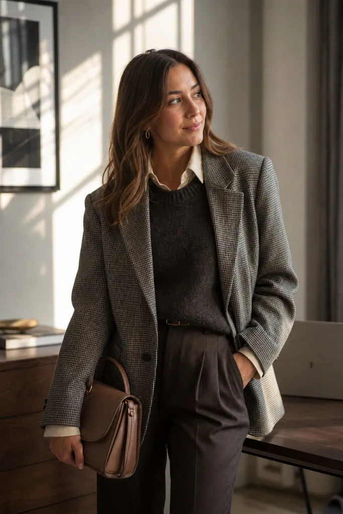 Grey houndstooth blazer over dark sweater and white collar shirt with brown bag