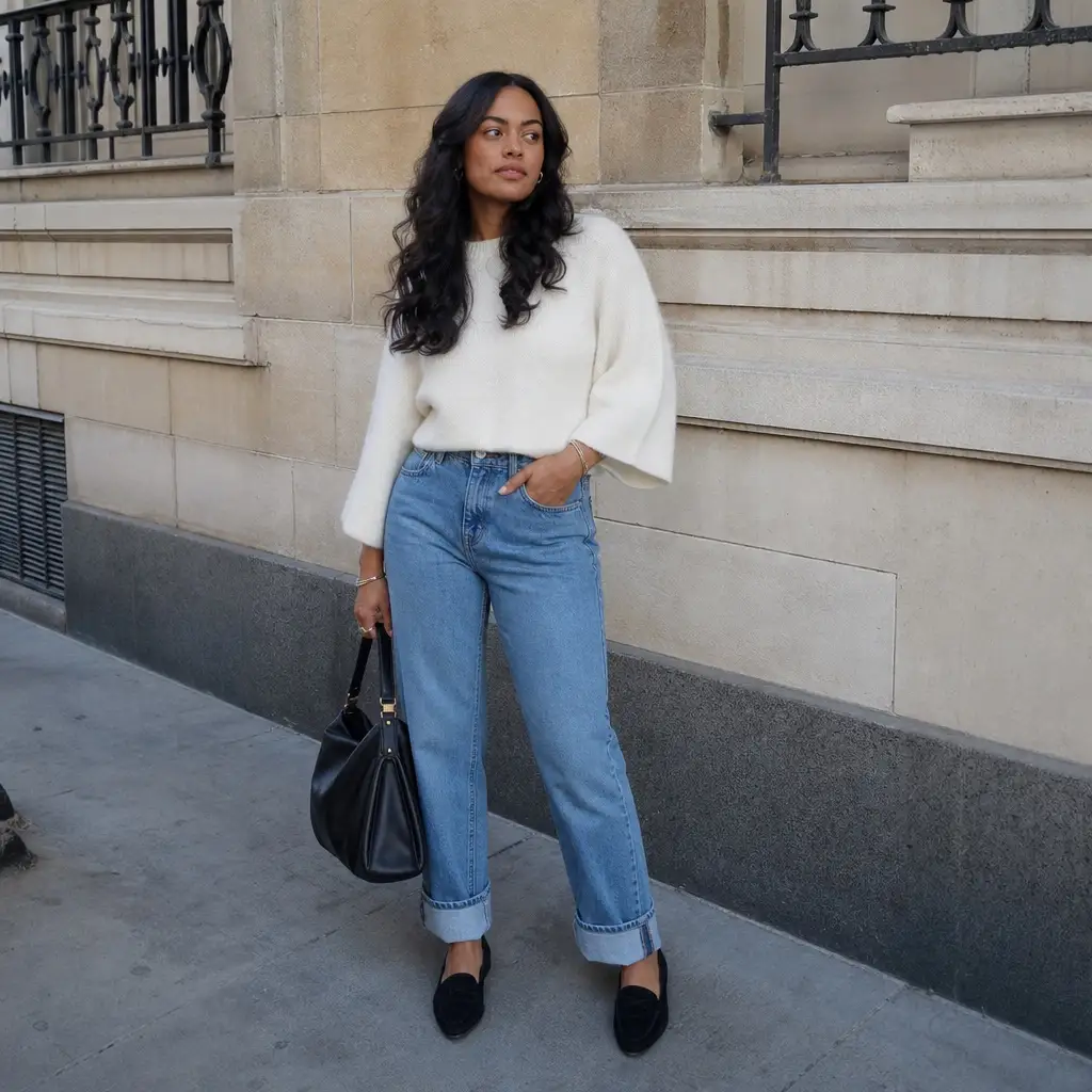 White oversized sweater with cuffed mom jeans and black loafers
