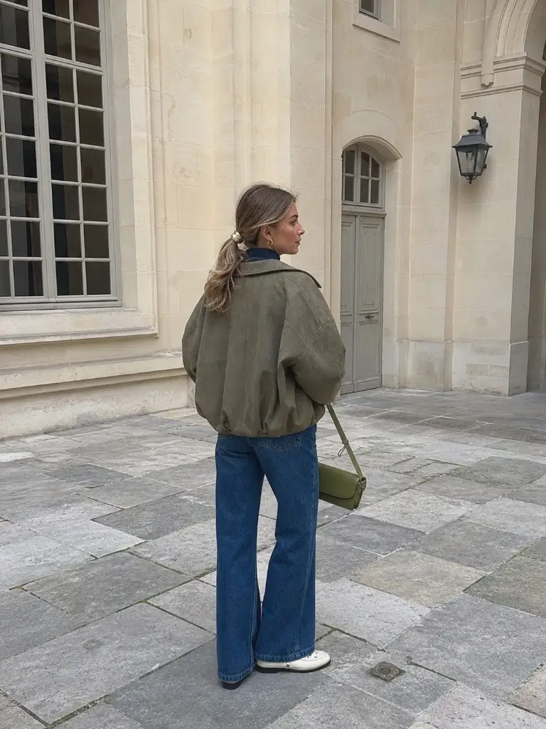 Olive green bomber jacket with wide-leg jeans and green bag