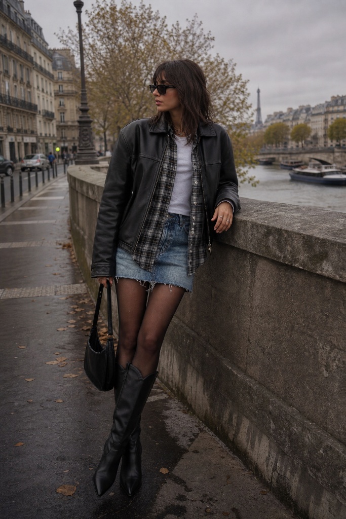 Black leather jacket over plaid shirt and white tee with denim mini skirt, sheer tights, and black knee-high boots by the Seine in Paris