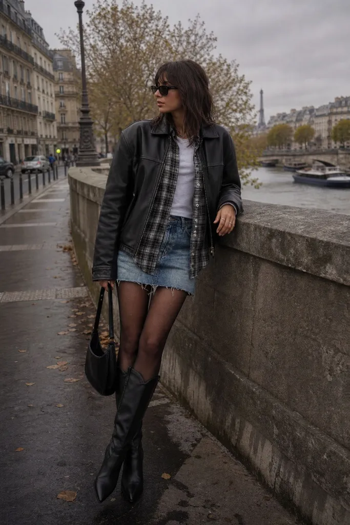 Black leather jacket over plaid shirt and white tee with denim mini skirt, sheer tights, and black knee-high boots by the Seine in Paris