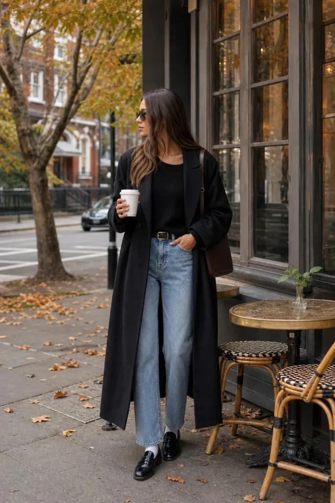 Black long coat with sweater, jeans, and loafers at a cafe