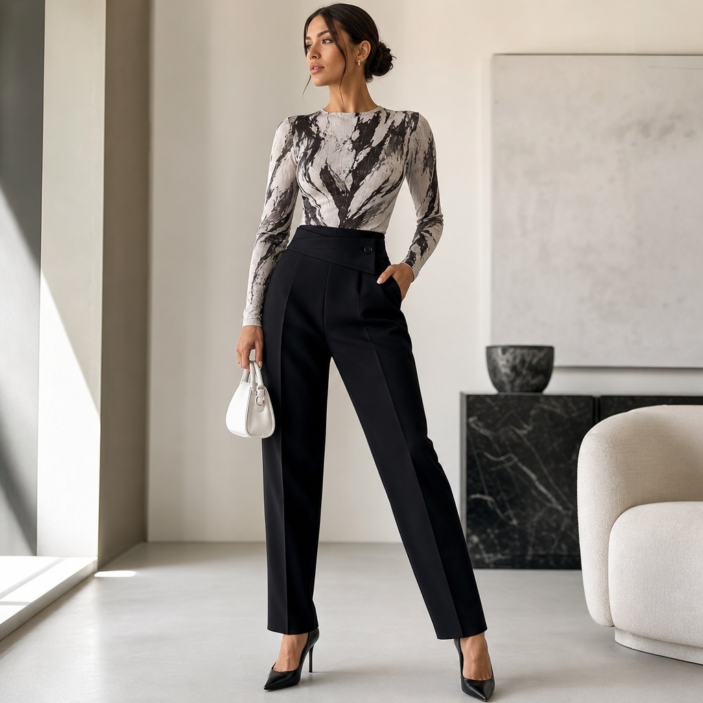 Grey and black abstract marble print long-sleeve top with black tailored straight-leg pants